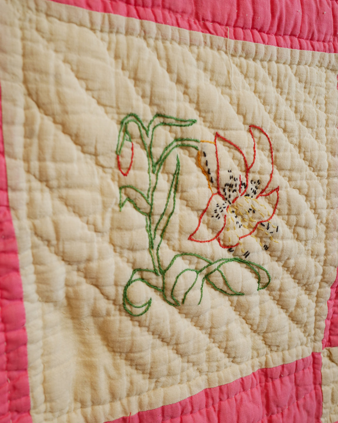 Pink Flower Embroidery Quilt Chore Coat